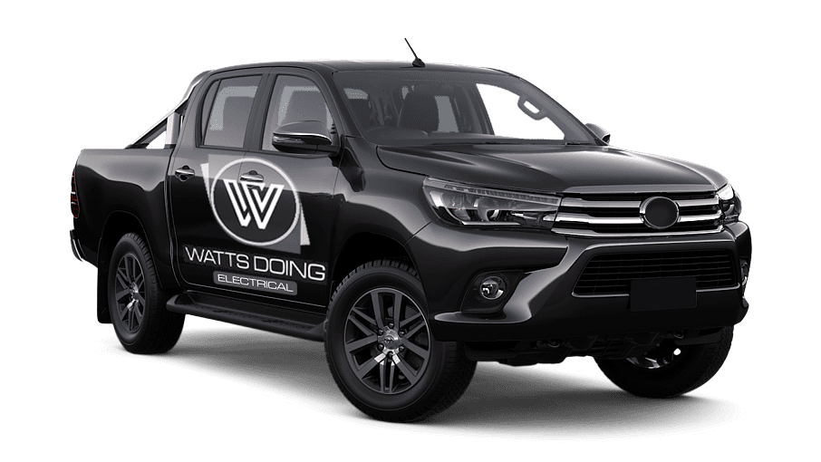 Black 4 wheel drive car with company name and logo on the side